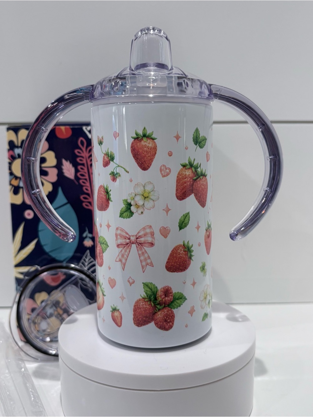 Strawberry Print Toddler Sippy Cup with Handles, Girls Gift Idea